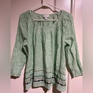 J. Jill Green Striped Blouse with Embroidery